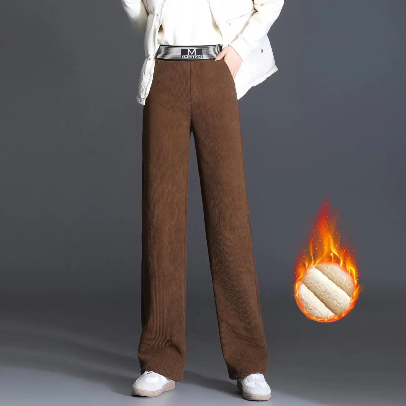 Mode Plus Samt Warme Breite Bein Hosen Herbst Winter Hohe Taille Gerade Lose Verdickte Unterseite frauen Hosen M kaffeebraun von Joom DACH