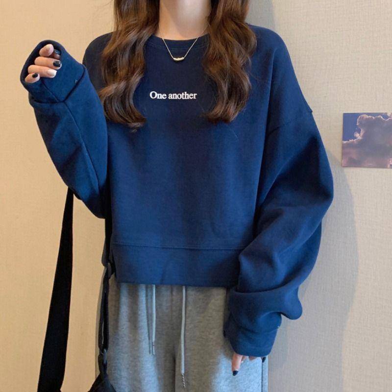 Mode Pullover Damen Herbst und Winter Rundhals Kurzer Abschnitt Langarm Tops Weiblich Lose Keine Kappe XL navy blau von Joom DACH