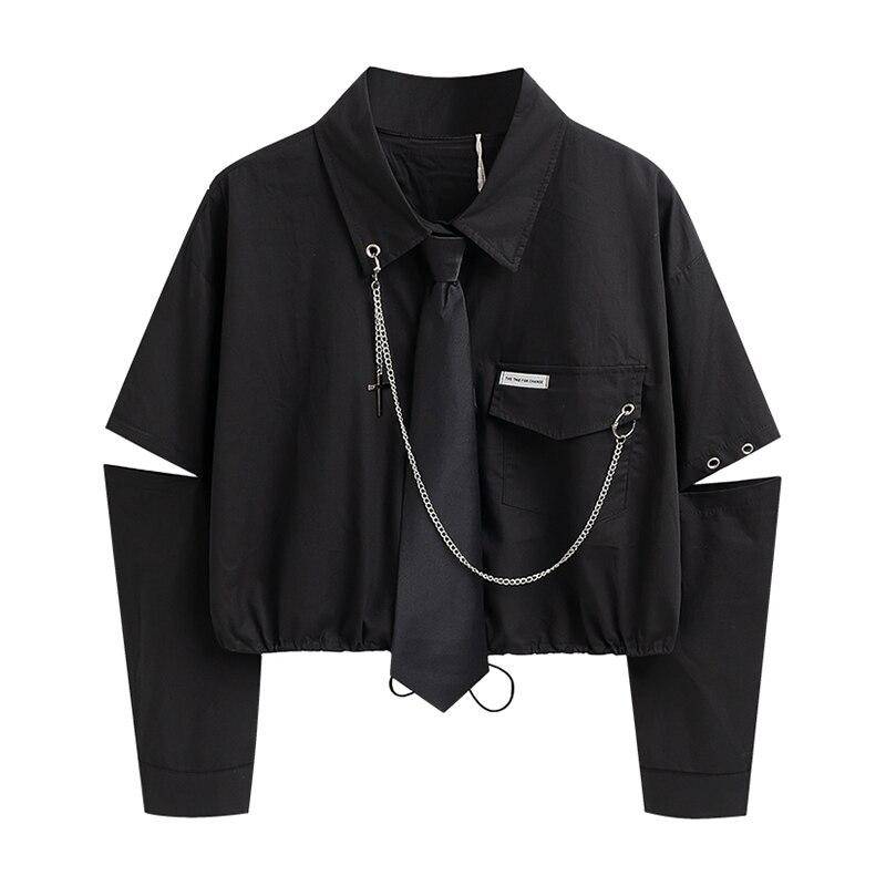 Mode Punk Stil Frauen Hemd Gothic Harajuku Dunkle Krawatte Und Kette Langarm Split Goth Design Streetwear Bluse Mädchen L weiß von Joom DACH