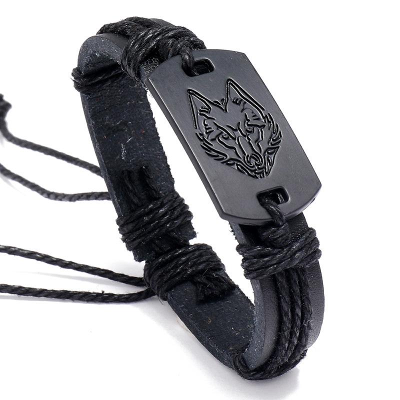 Mode Punk Stil männer Leder Armbänder Armband Schwarz Wolf Kopf Armband Einfache Einfarbig Mehrschichtige Geflochtene Armband schwarz von Joom DACH