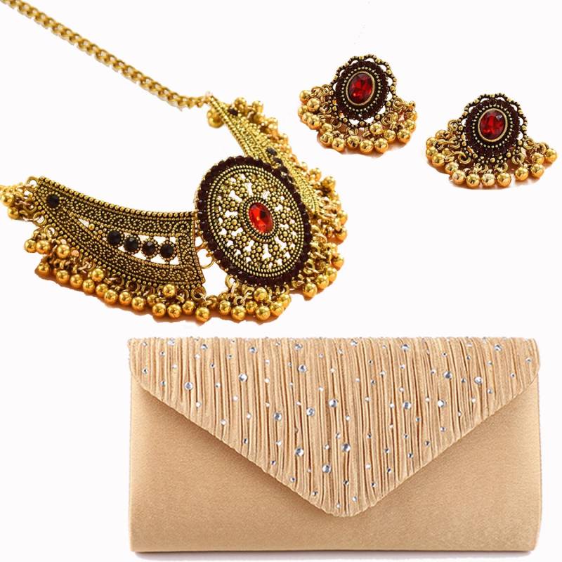Mode Retro Flügel mit Diamanten, Tropfenperlen, Übertriebene Halskette, Ohrring-Set, Dreiteilige Abendtasche für Damen von Joom DACH