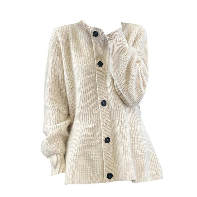 Mode Rundhals Einfarbig Yuanbao Nadel Taillenformend Mittellange Jacke Locker Lässig Vollwolle Gestrickte Strickjacke für Damen XXL von Joom DACH