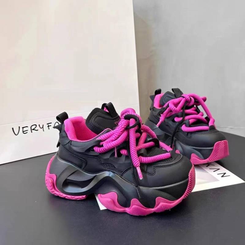 Mode Schwarze Plattform Damen Sneakers 2024 Frühling Schnürschuhe Dicke Unterseite Vulkanisierte Schuhe Frau Pu Leder Atmungsaktive Sportschuhe Damen 35(1) rose rot von Joom DACH