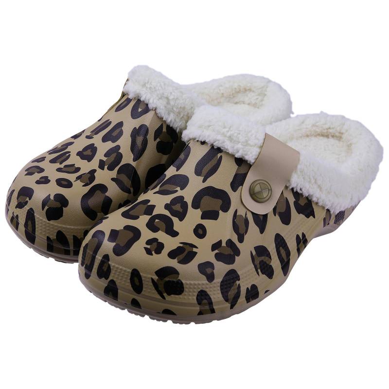 Mode Shevalues Neue Pelzgefütterte Clogs Damen Wasserdichte Gartenschuhe Winter Flauschige Plüsch Hausschuhe Paar Rutschfeste Fuzzy Hausschuhe 37-38(9-9.2 inch) leopard print von Joom DACH