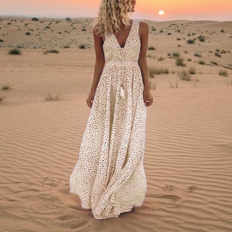 Mode Sommer Neue V-ausschnitt Ärmellose Lange Urlaub Strand Polka Dot Bohemian Kleider L von Joom DACH