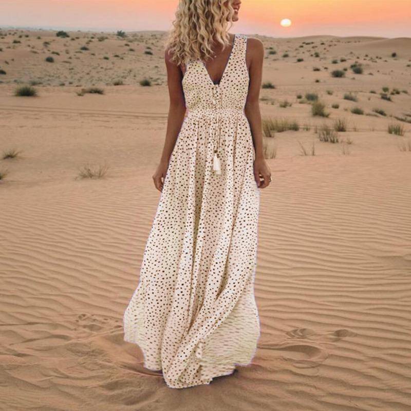 Mode Sommer Neue V-ausschnitt Ärmellose Lange Urlaub Strand Polka Dot Bohemian Kleider L beige von Joom DACH