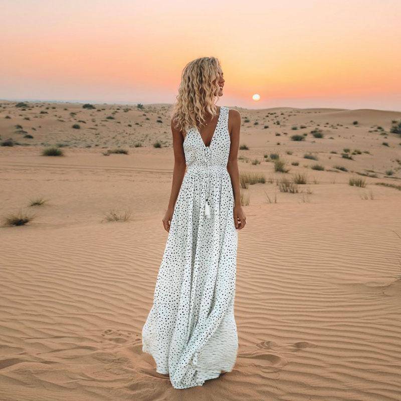 Mode Sommer Neue V-ausschnitt Ärmellose Lange Urlaub Strand Polka Dot Bohemian Kleider M weiß von Joom DACH