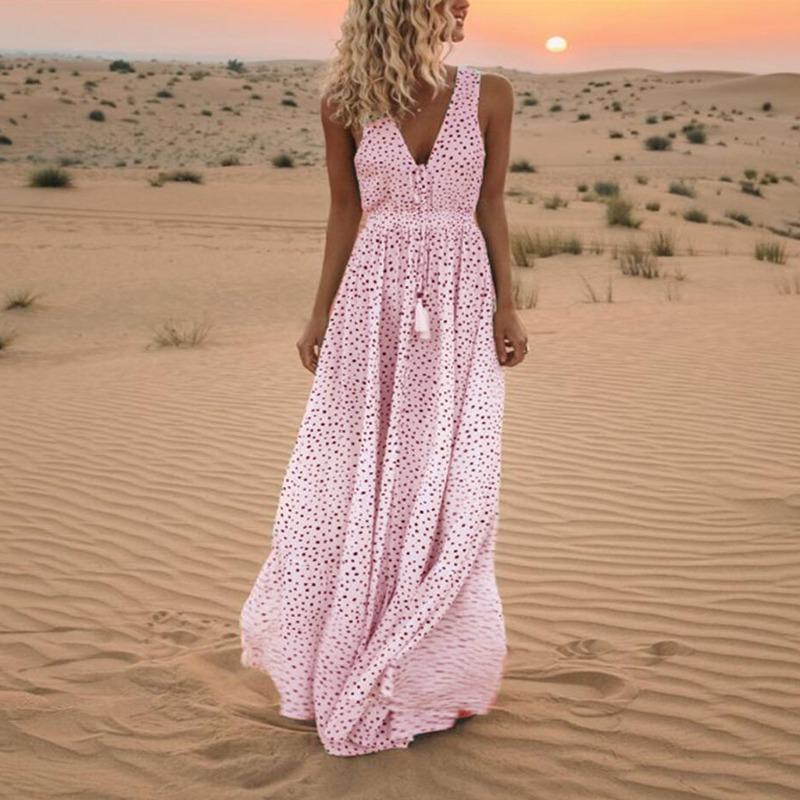 Mode Sommer Neue V-ausschnitt Ärmellose Lange Urlaub Strand Polka Dot Bohemian Kleider M von Joom DACH