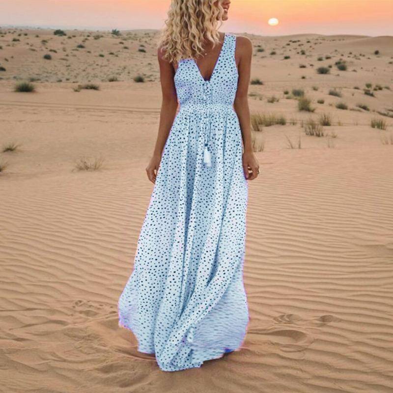 Mode Sommer Neue V-ausschnitt Ärmellose Lange Urlaub Strand Polka Dot Bohemian Kleider XXL himmelblaue von Joom DACH