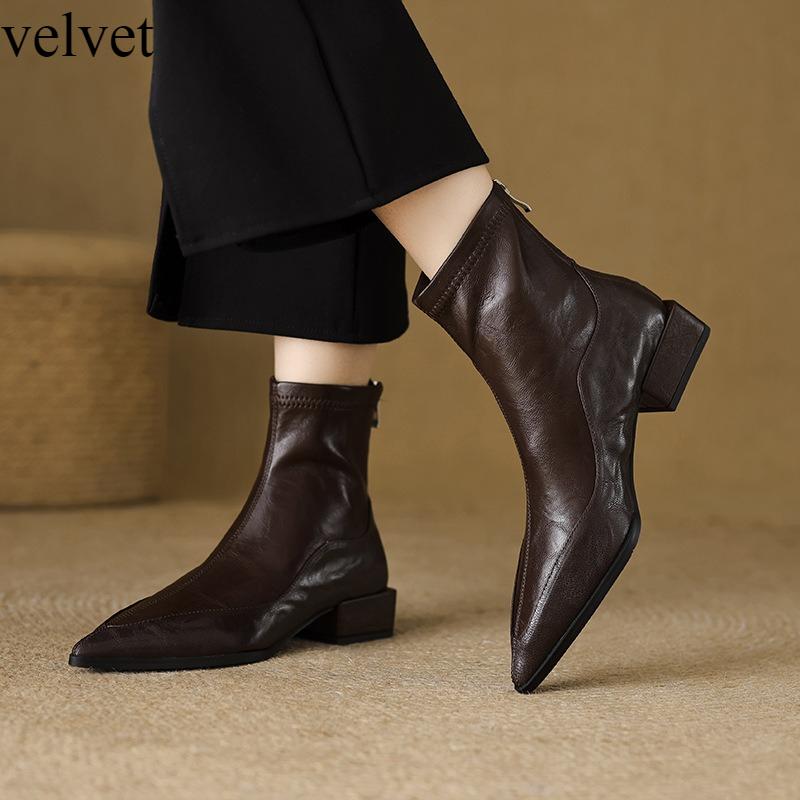 Mode Spitz Elastische Dünne Stiefel Damen 2025 Herbst Winter Neu Dicker Absatz Kurzer Stiefel Damen Retro Brauner Chelsea Boot Mittelhohe Stiefel 39 von Joom DACH
