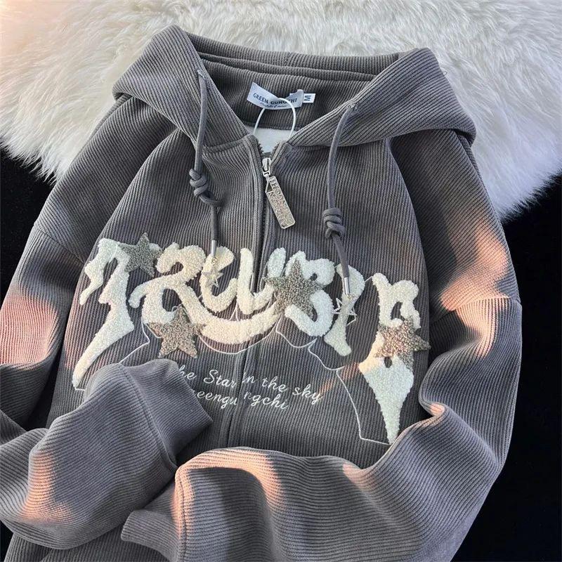 Mode Stickerei Zip-Up Hoodies Damen Herbst Langarm Tops Locker Kapuzenhemd Harajuku Y2K Kleidung Damen Sweatshirt Jacke S graue von Joom DACH