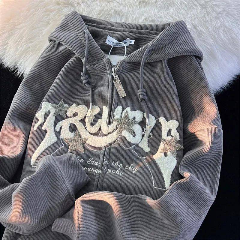 Mode Stickerei Zip-Up Hoodies Damen Herbst Langarm Tops Locker Kapuzenhemd Harajuku Y2K Kleidung Damen Sweatshirt Jacke S graue von Joom DACH