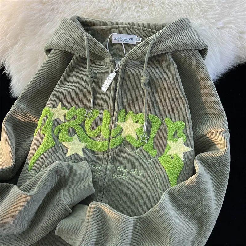 Mode Stickerei Zip-Up Hoodies Damen Herbst Langarm Tops Locker Kapuzenhemd Harajuku Y2K Kleidung Damen Sweatshirt Jacke S grün von Joom DACH