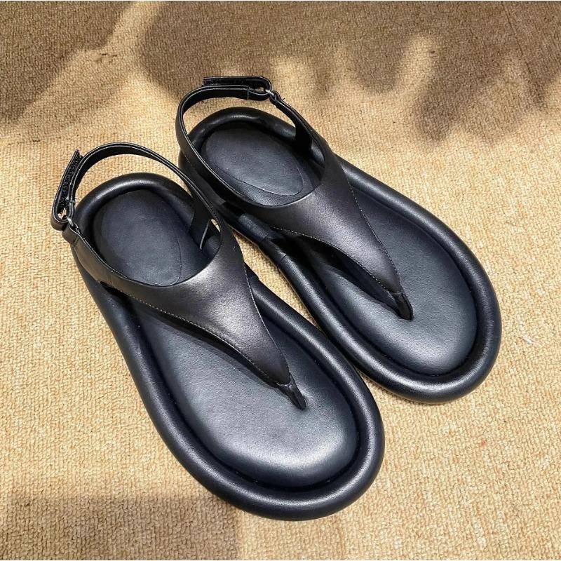 Mode Strand Frauen Sandalen Schwarz Weiß Leder Sommerschuhe Knöchelschnalle Wohnungen Einfache Runde Zehe Sandalias Bequeme Flip Flop 37 schwarz von Joom DACH