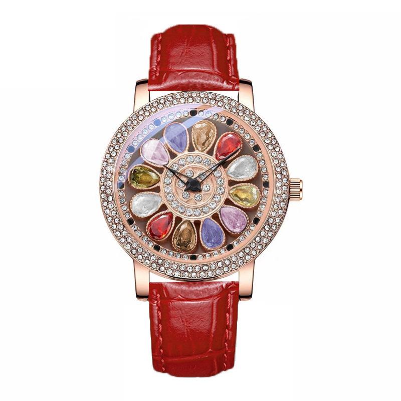 Mode Strass Frauen Uhren Luxus Rose Gold Drehbare Zifferblatt Design Casual Quarz Armbanduhr rot von Joom DACH