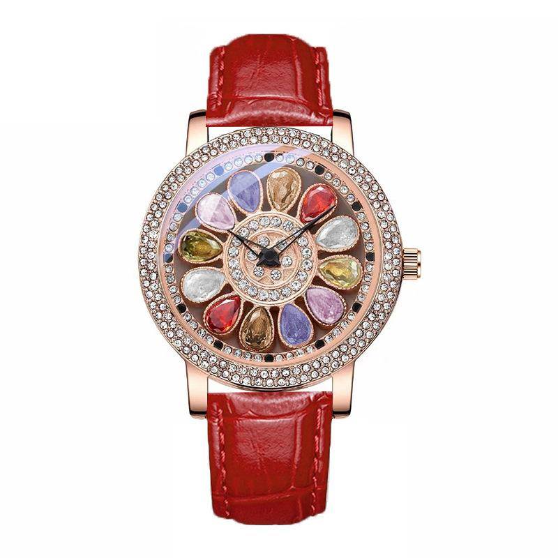 Mode Strass Frauen Uhren Luxus Rose Gold Drehbare Zifferblatt Design Casual Quarz Armbanduhr rot von Joom DACH