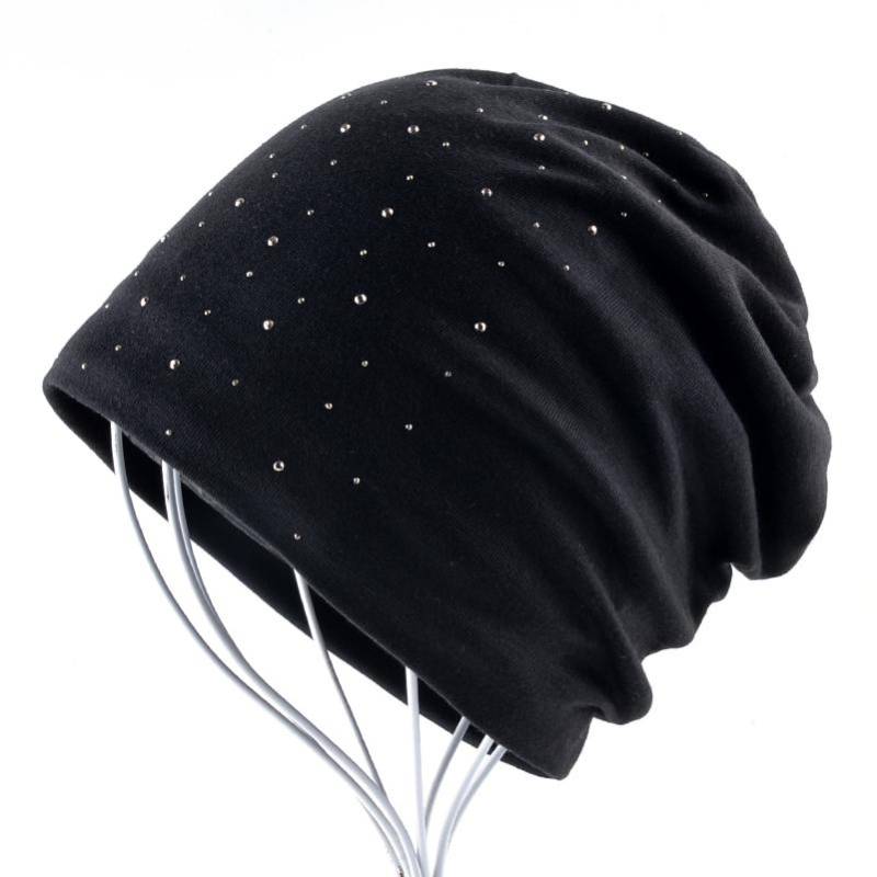 Mode Strass Mützen Frauen Frühling Herbst Einfarbig Beanie Cap Damen Baumwolle Weiche Hüte Weibliche 56-59cm schwarz von Joom DACH
