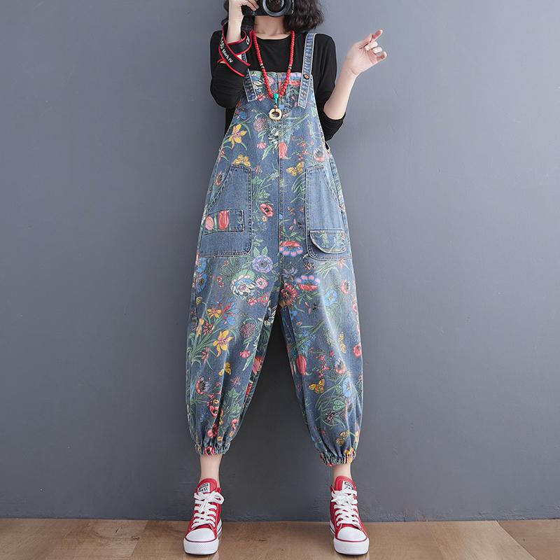 Mode Streetwear Print Floral Denim Overalls für Frauen Latzhose Träger Baggy Strampler Hosen Lose Breite Bein Jeans Overall S blau von Joom DACH