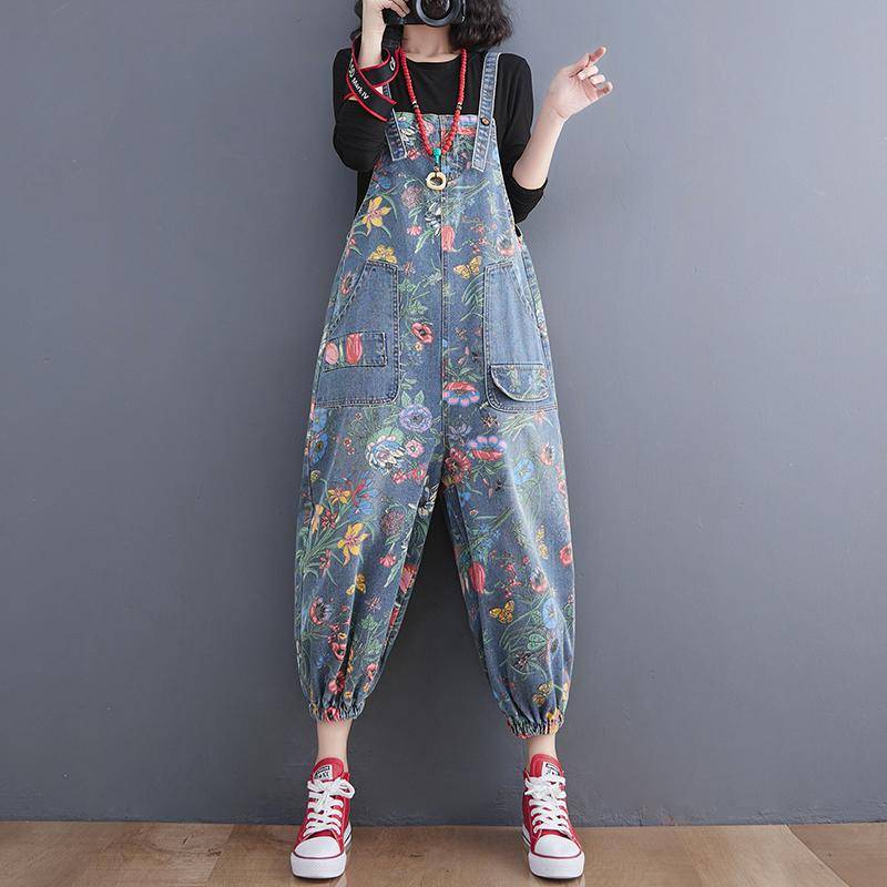 Mode Streetwear Print Floral Denim Overalls für Frauen Latzhose Träger Baggy Strampler Hosen Lose Breite Bein Jeans Overall S blau von Joom DACH