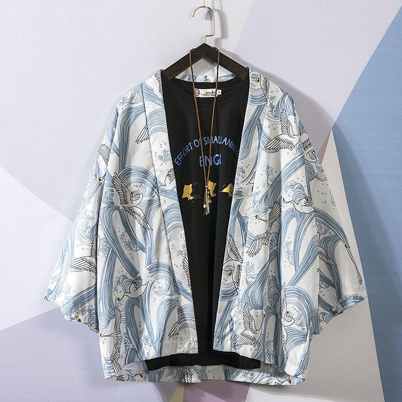 Mode Traditionelle Japanische Kimono Strickjacke Männer Frauen Sonnenschutz Druck Dünne Lose Kimono Mantel L blau/weiß von Joom DACH
