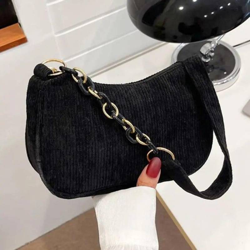 Mode Vintage Handtaschen Frauen Herbst Winter Cord Unterarm Tasche Zipper Schulter Kleine Taschen Weibliche Weiche Casual Kupplung Handtasche schwarz von Joom DACH