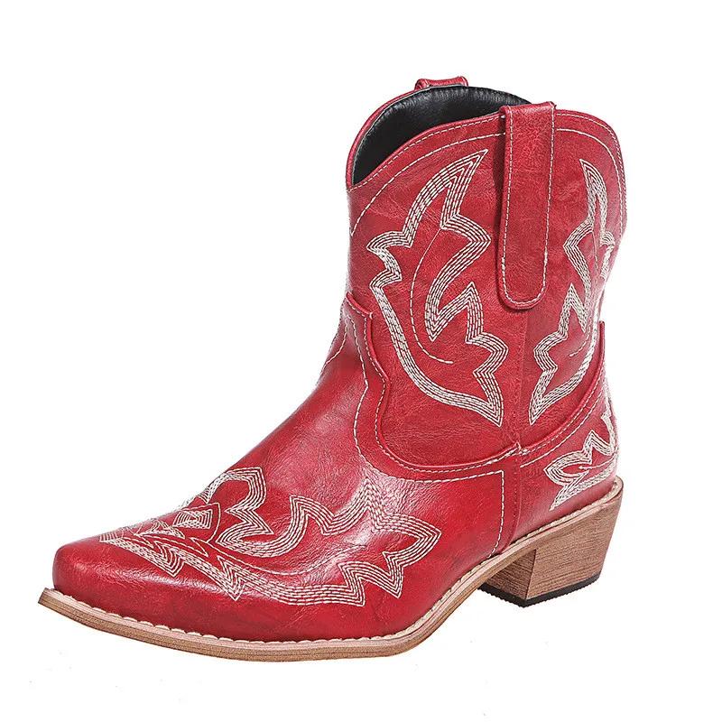 Mode Vintage Stickerei Cowboy Frau Stiefel 2024 Herbst Winter Dicken Absätzen Stiefeletten Für Frauen Rot PU Leder Westlichen Botas Mujer 42 bordeaux von Joom DACH