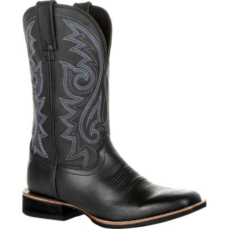 Mode Western Cowboystiefel Schwarz Braun Kunstleder Winterschuhe Retro Herrenstiefel Bestickte Herren Mittelhohe Stiefel Übergröße 48 Botas 45 schwarz von Joom DACH
