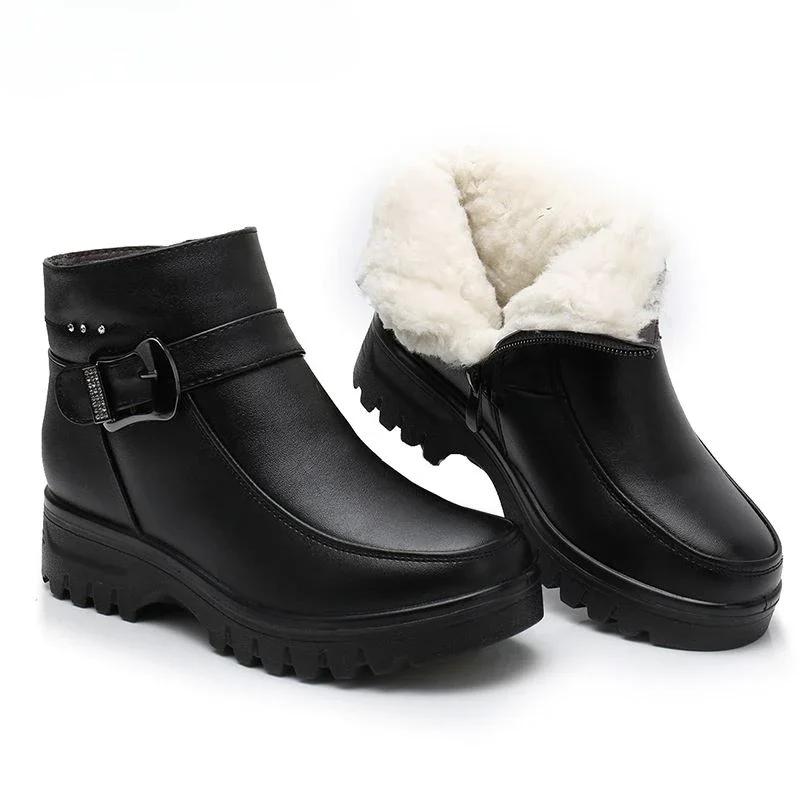 Mode Winter Frauen Echtes Leder Stiefeletten Weibliche Dicken Plüsch Warme Schnee Stiefel Mutter Wasserdichte Rutschfeste Booties 40EU/CN41 schwarz von Joom DACH
