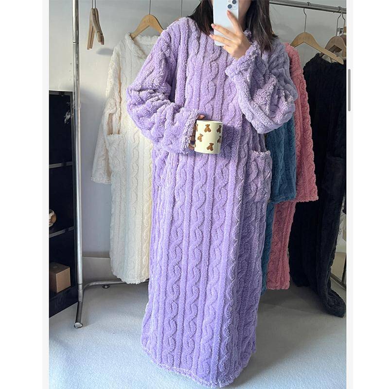 Mode Winter Frauen Nachthemden Jacquard Kleid Nacht Kleid Lose Einfarbig Verdickt Flanell Nachtwäsche Hause Kleidung XL violett von Joom DACH