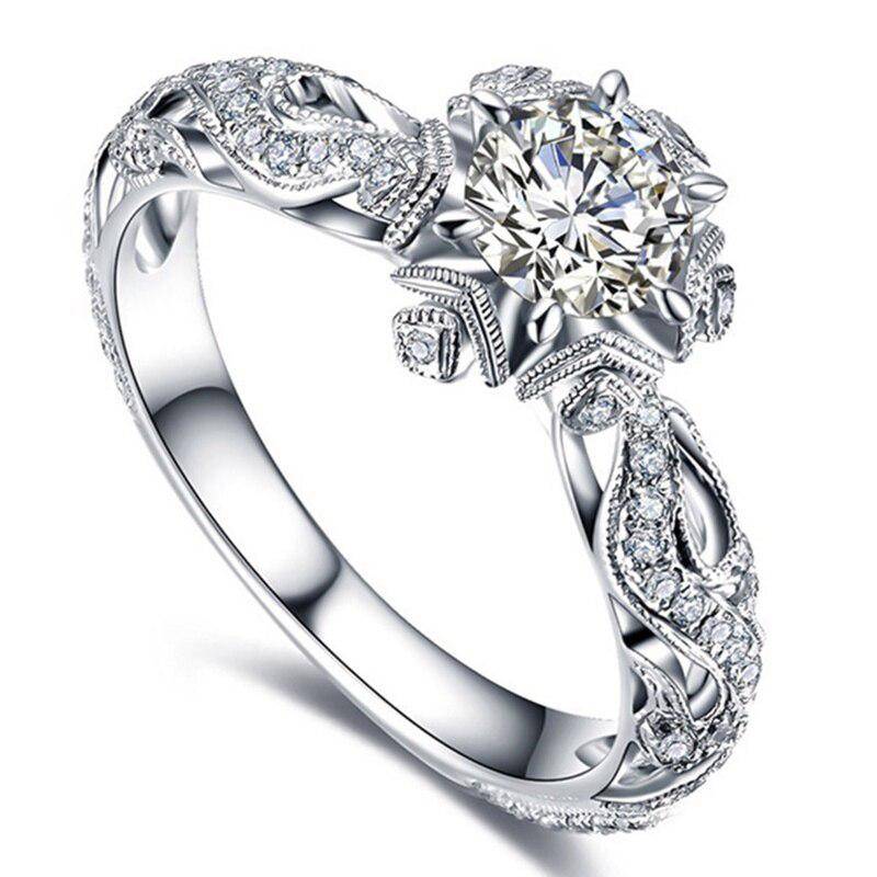 Mode eleganter schillernder Blumenring für Frauen, klassischer CZ-Zirkon-Jubiläumsring, zarter Kristall, Hochzeit, Verlobungsringe 11 von Joom DACH