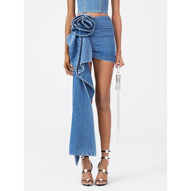 Mode frauen Rock Hohe Taille Dreidimensionale Rose Blume Asymmetrische Blau Denim Kurze Röcke Sommer Neue L von Joom DACH