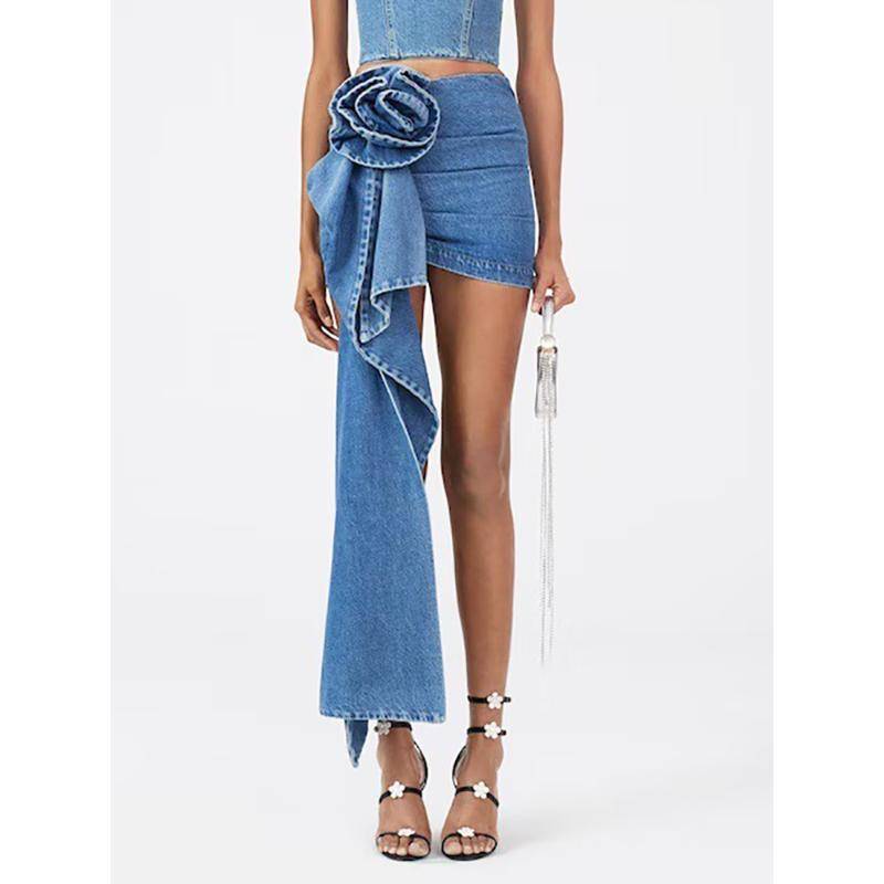 Mode frauen Rock Hohe Taille Dreidimensionale Rose Blume Asymmetrische Blau Denim Kurze Röcke Sommer Neue L von Joom DACH
