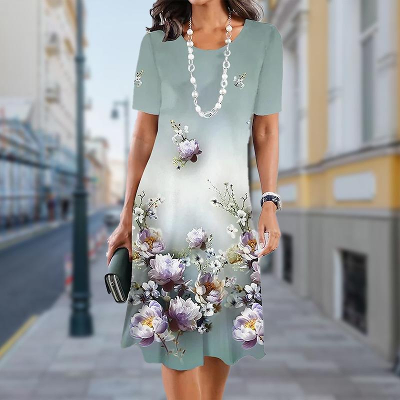 Mode für Damen, lockerer, anmutiger Blumendruck, O-Ausschnitt, kurze Ärmel, Blätterdruck, lockere Streetwear, A-Linien-Kleid 7XL grün von Joom DACH