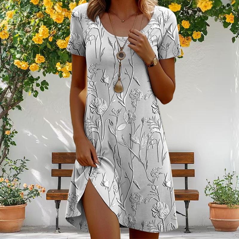Mode für Damen, lockerer Figurdruck, O-Ausschnitt, kurze Ärmel, Blätterdruck, lockere Streetwear, A-Linien-Kleid XL grau von Joom DACH