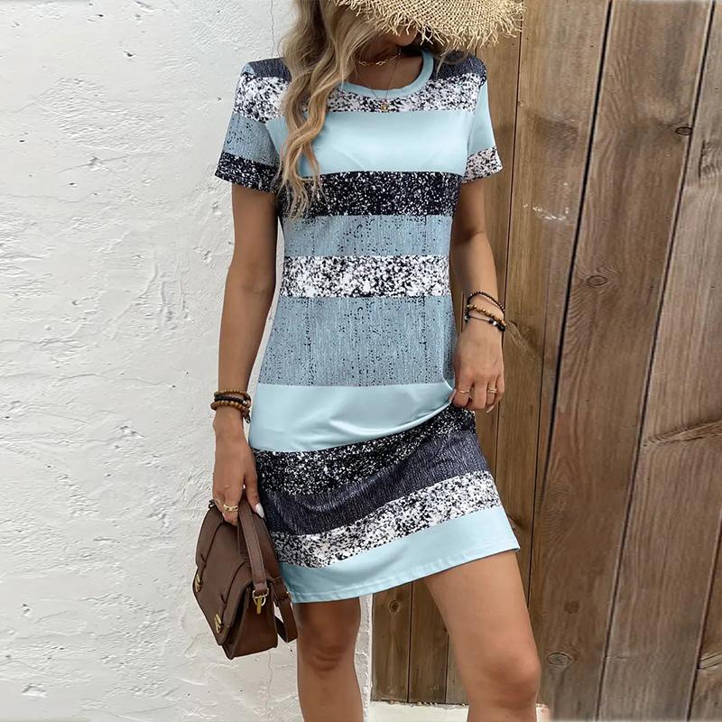 Mode für Damen, lockerer Streifendruck, O-Ausschnitt, kurze Ärmel, lockere Streetwear, A-Linien-Kleid 2XL von Joom DACH