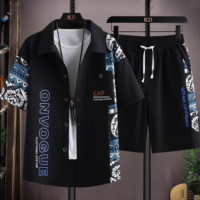 Mode herren kurzarm hemd anzug männer der sommer flut design gefühl spleißen druck lässig sport shorts zwei-stück kleidung XL von Joom DACH