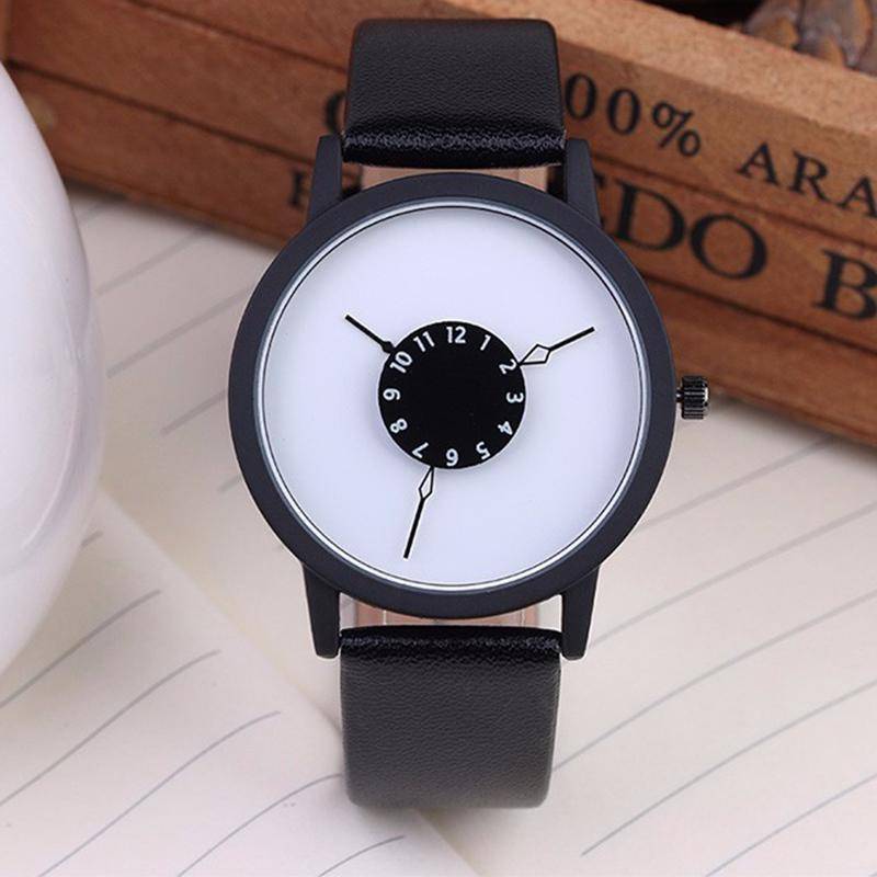 Mode kreative einzigartige Zifferblatt Design Leder Uhr Frauen Männer Quarz Liebhaber Armbanduhren Uhr schwarz weiße von Joom DACH
