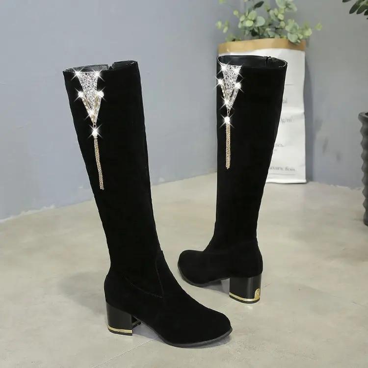 Modeabsätze Damenstiefel Seitliche Reißverschlüsse Damen Langstiefel Dicke Absätze Hohe Schuhe für Damen Hohe Absätze Herbst Winter Neu 40 schwarz von Joom DACH