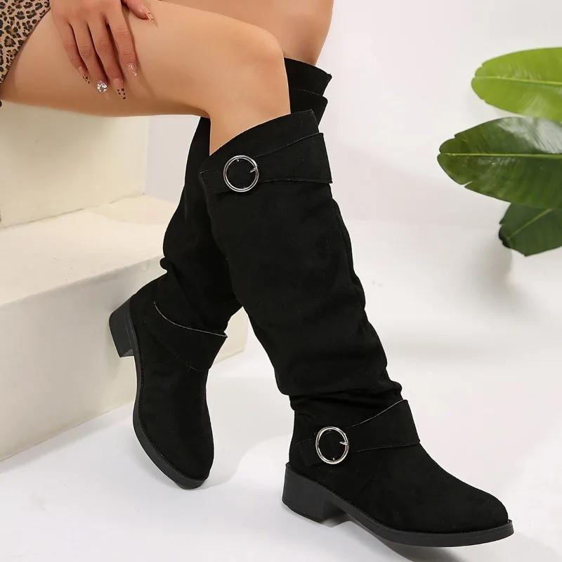Modemarken Schuhe Damen 2024 Klassisches Metalldornschließe Design Winter Lange Stiefel Einfarbig Schlichte Damen Kniehohe Stiefel Zapatos 40 schwarz von Joom DACH