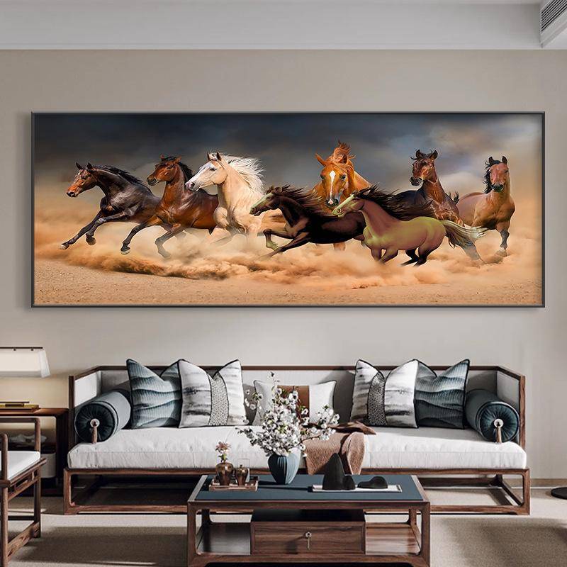 Moderne Acht Pferde, die in der Wüste laufen, Pferdebilder Leinwandgemälde Wandkunst Chinesischer Stil Poster für Schlafzimmer Wanddeko 30x90cm No Framed von Joom DACH