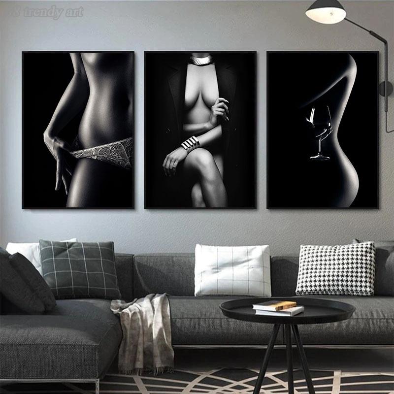 Moderne Nackte Frau Malerei Poster Nordic Schwarz Weiß Spitze Mädchen Bild Druck Mode Wand Leinwand Kunst Hotel Schlafzimmer Dekor Cuadros 21x30cm No Framed von Joom DACH