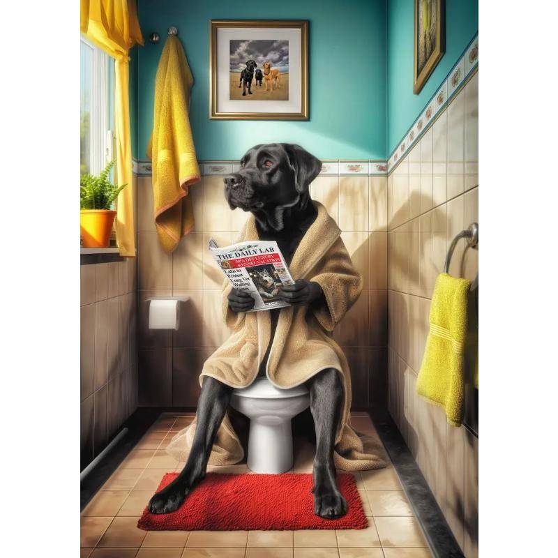 Moderner Löwenhund Highland sitzt auf Toilette liest Zeitung Poster Lustiger Tierdruck Leinwandmalerei Badezimmerdeko Bild 30*40cm No Frame von Joom DACH