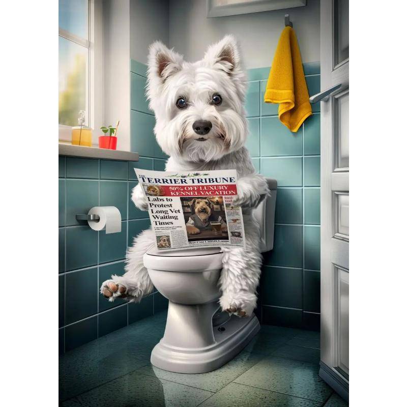 Moderner Löwenhund Highland sitzt auf Toilette liest Zeitung Poster Lustiger Tierdruck Leinwandmalerei Badezimmerdeko Bild 30*40cm No Frame von Joom DACH