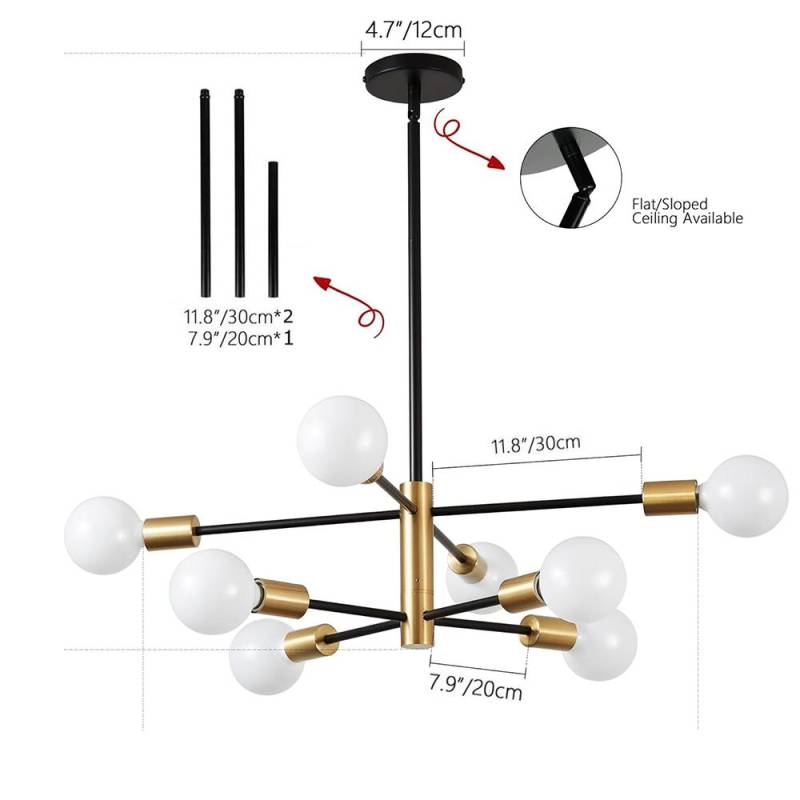 Moderner Sputnik Kronleuchter - 8-flammiger Kronleuchter mit Höhenverstellung(Glühbirne NICHT enthalten), Schwarzes und goldenes Finish für Küche, Schlafzimmer und Foyer von Joom DACH
