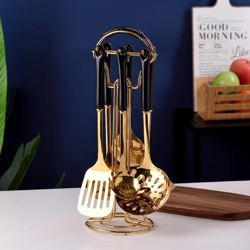 Modernes und einfaches 7-teiliges Küchenutensilien-Set aus Edelstahl, Kochutensilien, Spatel, Löffel, Haushalts-Küchenutensilien Black 7-piece set von Joom DACH