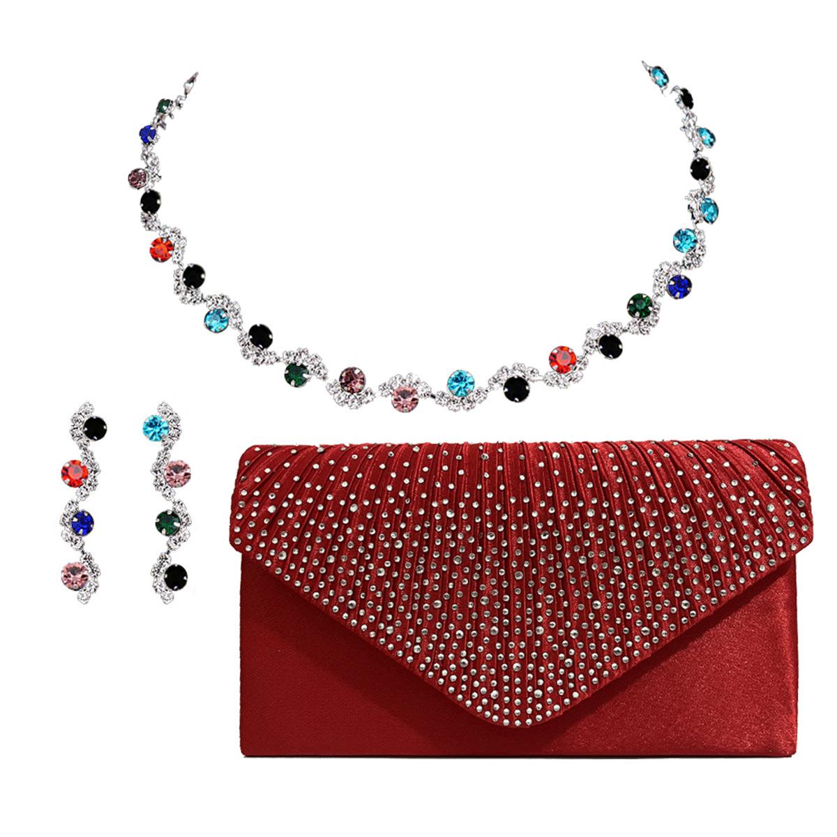 Modeschmuck Set Halskette Ohrringe Welle Diamant Strass Einfache Halskette Damen Abendtasche Dreiteiliges Zubehör rot von Joom DACH