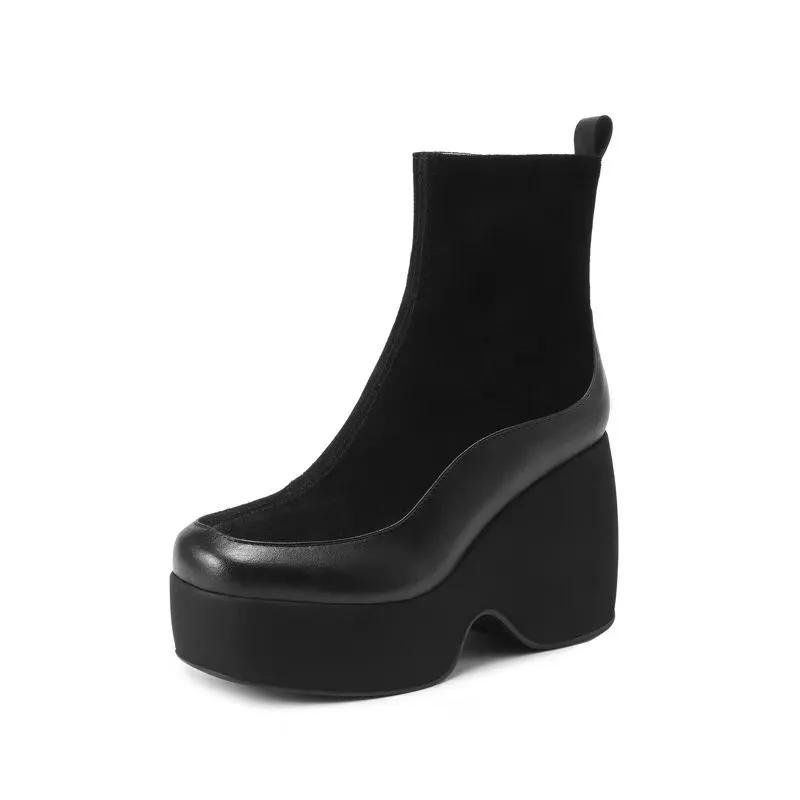 Modeschuhe Damen 2024 Herbst Winter Neu Klobiger Absatz Plateau Damen Wildlederstiefel Modische und Vielseitige Hochhackige Kurze Stiefel 38 schwarz von Joom DACH