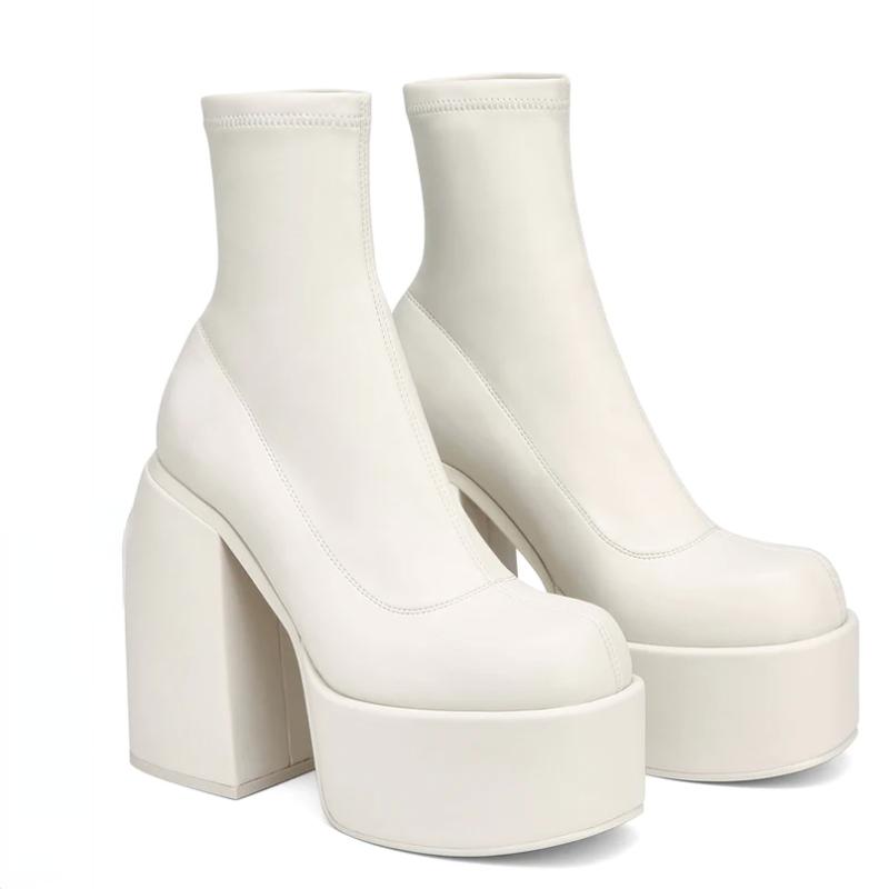 Modische, moderne Stiefel für Damen mit Plateauabsatz, runder Zehenpartie, Lederstiefel mit klobigen Absätzen, Reißverschluss, Designer-Schuhe mit Blockabsatz, modische Freizeitschuhe für Mädchen 38 von Joom DACH