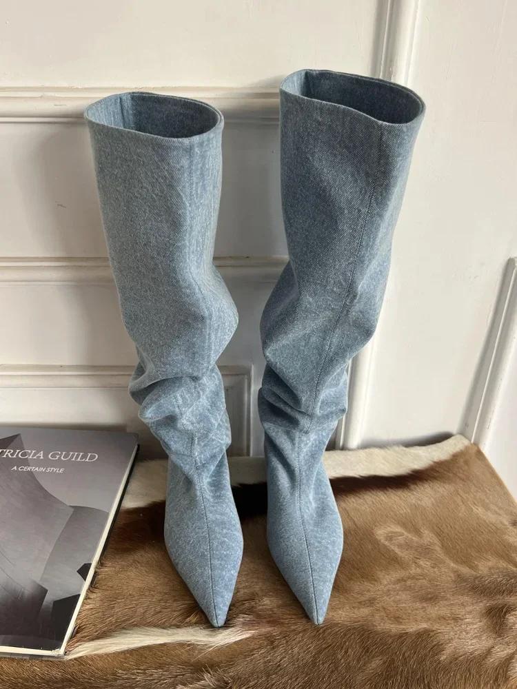 Modische, plissierte Chelsea-Stiefel für Damen mit spitzer Spitze, kniehoch, Stiefeletten für Damen, Herbst, Retro, niedrige Absätze, Cowboystiefel, Bota Feminina 37 blau von Joom DACH