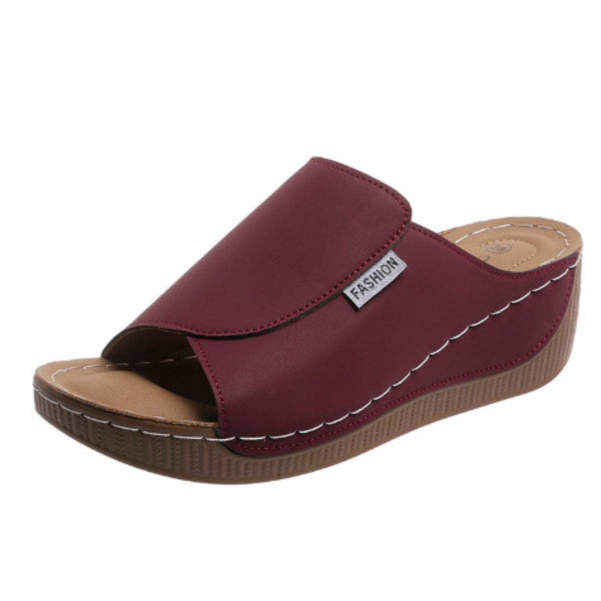 Modische, solide Hausschuhe für Damen – bequeme Fußgewölbeunterstützung, stilvolle, atmungsaktive Hausschuhe für den Außenbereich, offene Zehenpartie mit Riemen hinten und mittelhohem Absatz 39 weinrot von Joom DACH